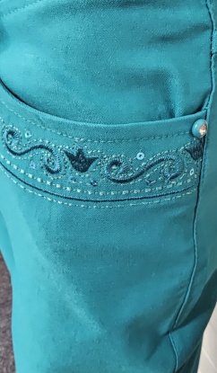 Claudia C 22'' Leg Embroidered Pocket Cropped Teal Trousers